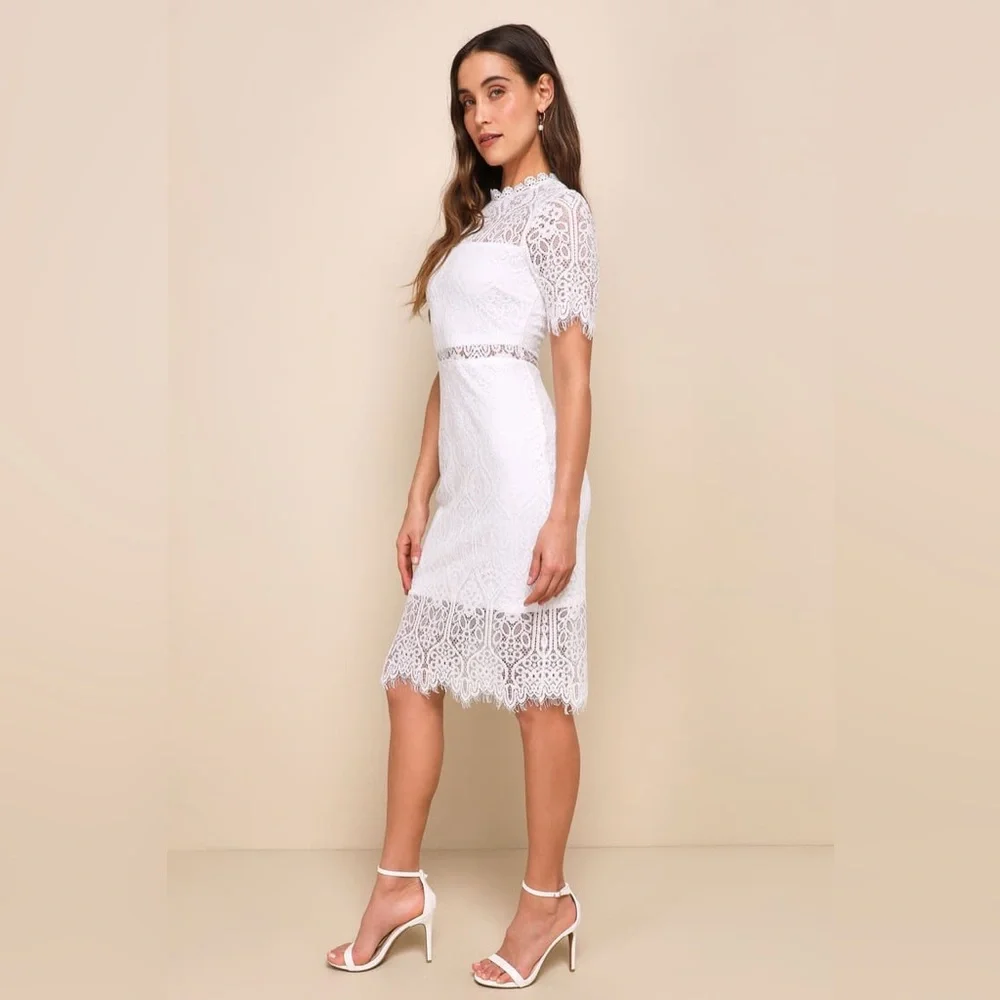 Lulus Remarkable White Sheer Lace Short Sleeve Mini Dress Sz‎ XS LIKE NEW!